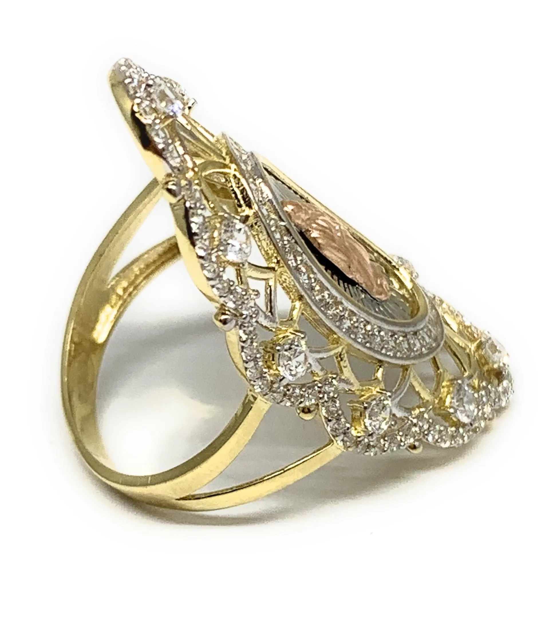 14k Solid Gold Tri-Color Virrgin Mary CZ Fancy Elegant Filigran Long Oval Ring