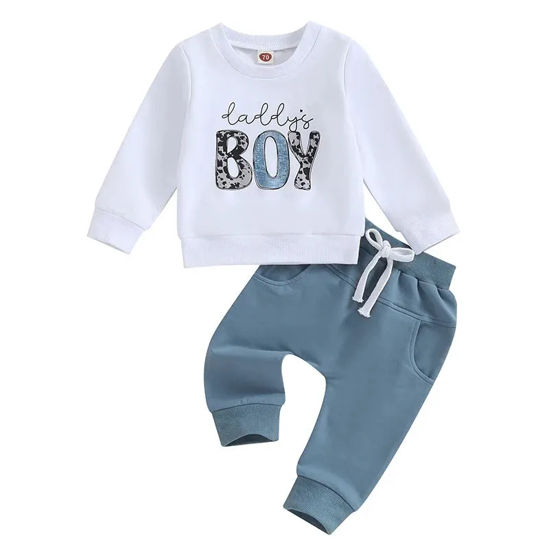 2 Pieces Set Baby Kid Boys Letters Tops Solid Color And Camo Pants Wholesale 231130320