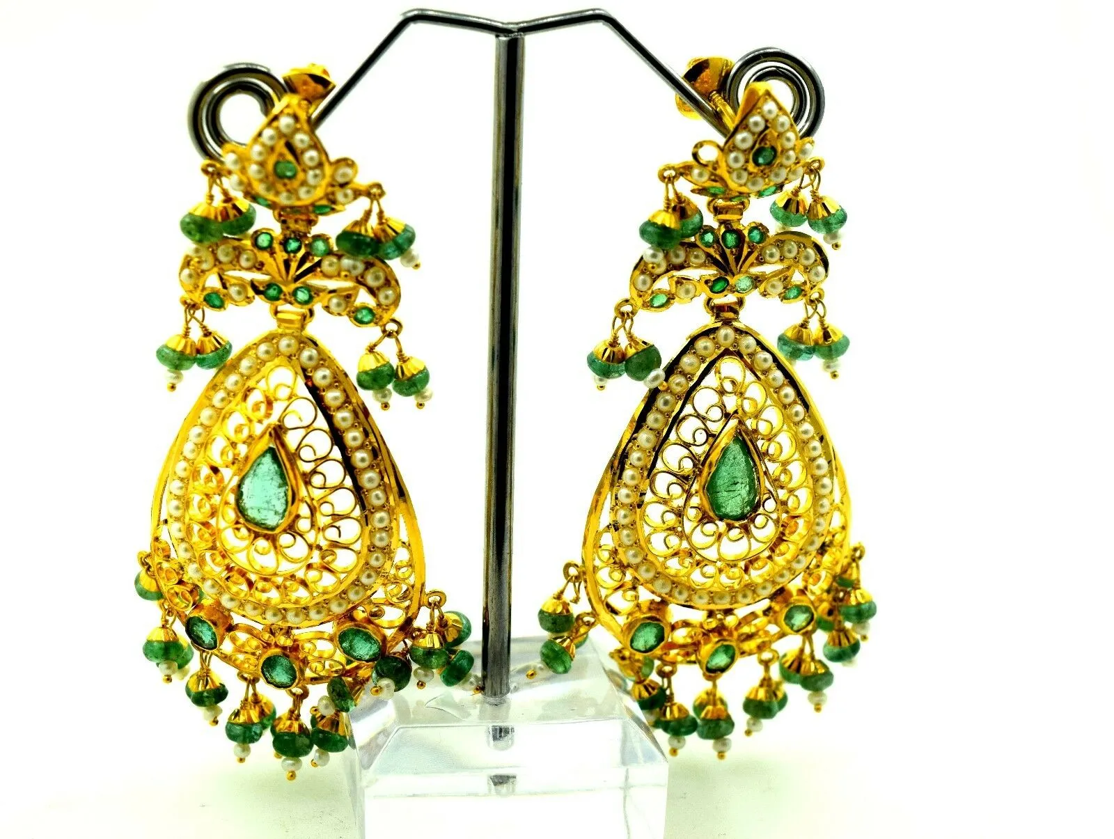 22k Solid yellow Gold Emerald LONG EARRINGS chandeliers Dangle DANGLING E612