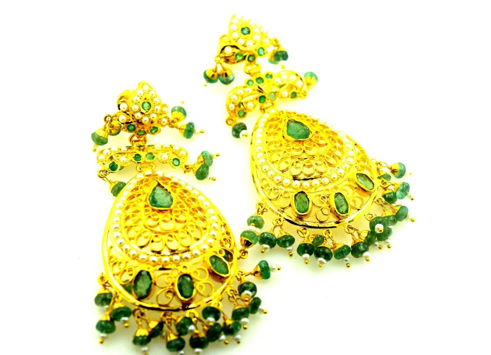 22k Solid yellow Gold Emerald LONG EARRINGS chandeliers Dangle DANGLING E612