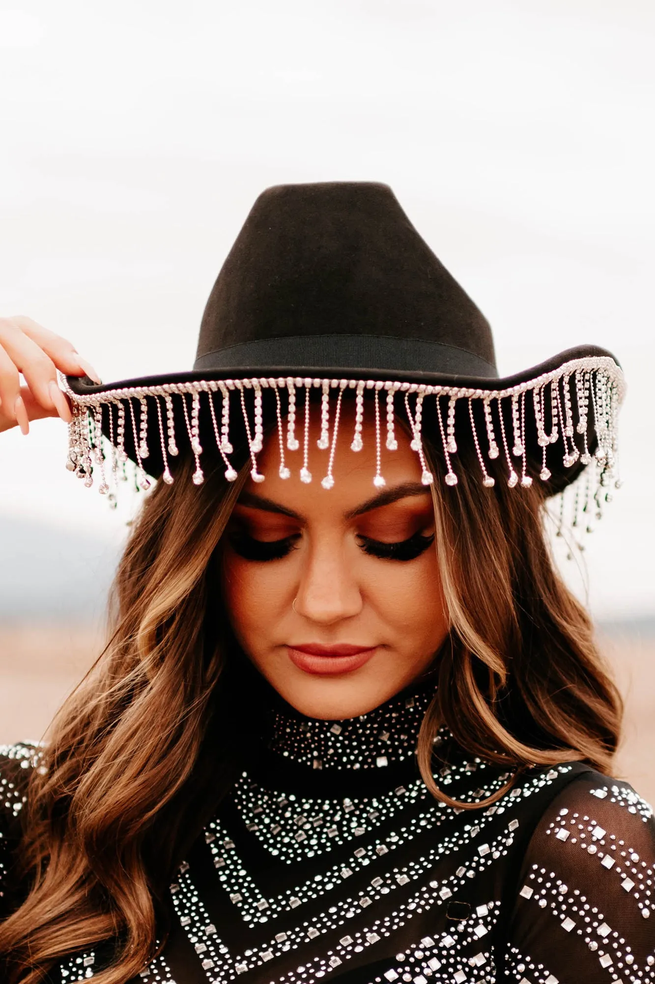 A Few Too Many Rhinestone Fringe Western Hat (Black)