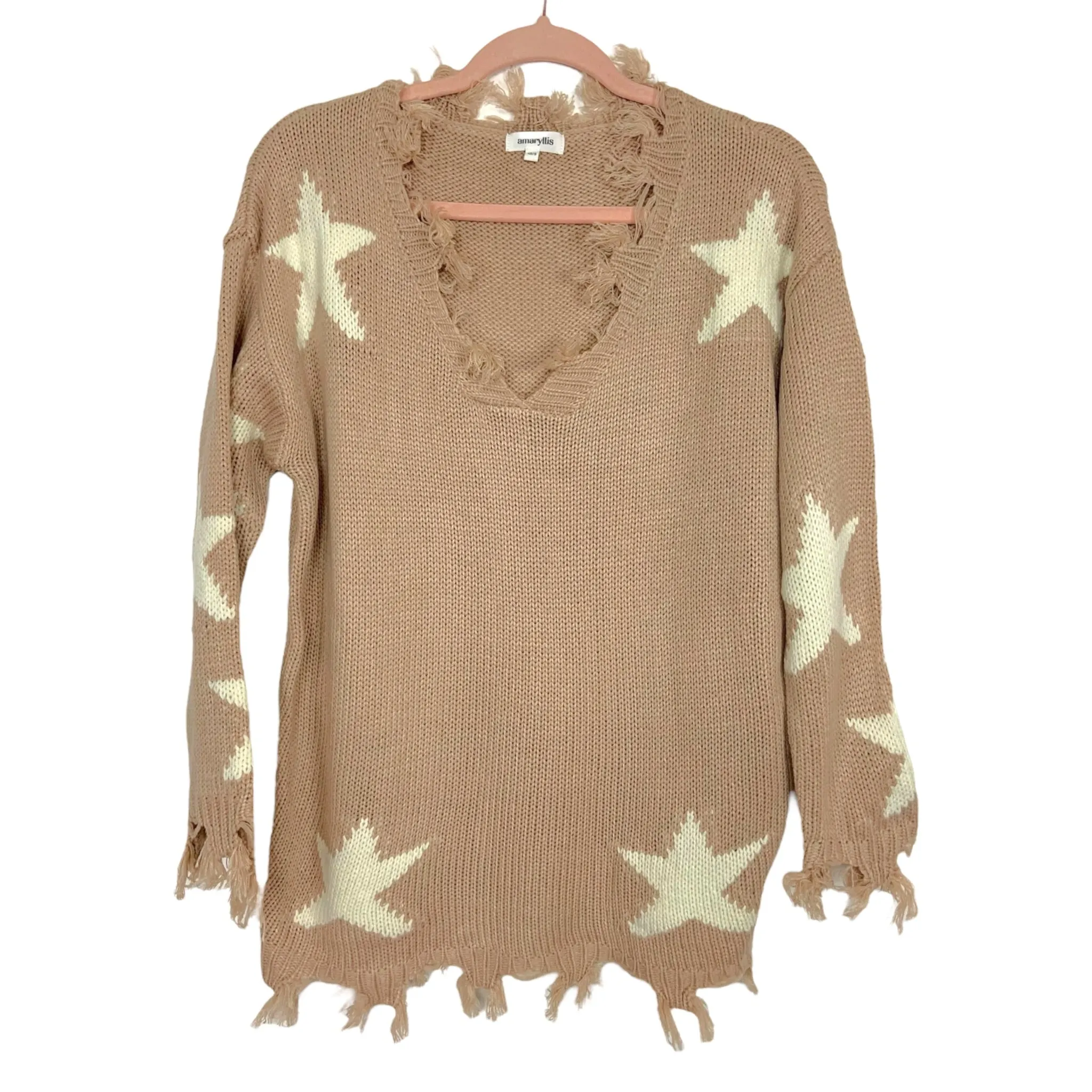 Amaryllis Oatmeal Distressed Star V-Neck Sweater- Size XS/S