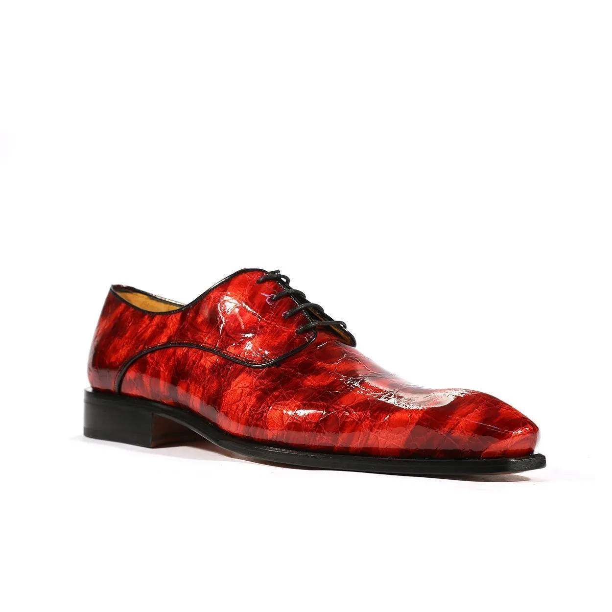 Ambrogio Men's Handmade Custom Made Shoes Red Crocodile Print / Calf-Skin Leather Derby Oxfords (AMBS1004)