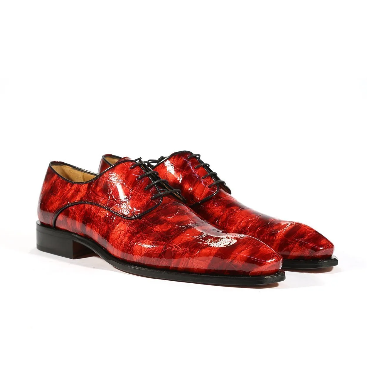 Ambrogio Men's Handmade Custom Made Shoes Red Crocodile Print / Calf-Skin Leather Derby Oxfords (AMBS1004)