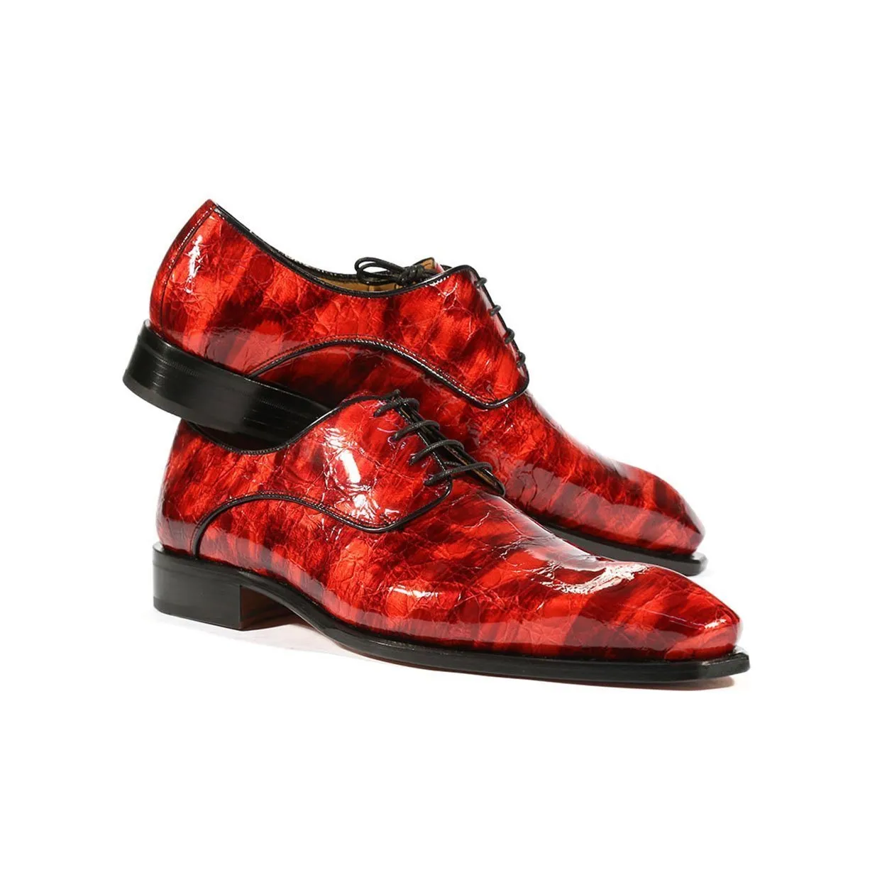 Ambrogio Men's Handmade Custom Made Shoes Red Crocodile Print / Calf-Skin Leather Derby Oxfords (AMBS1004)