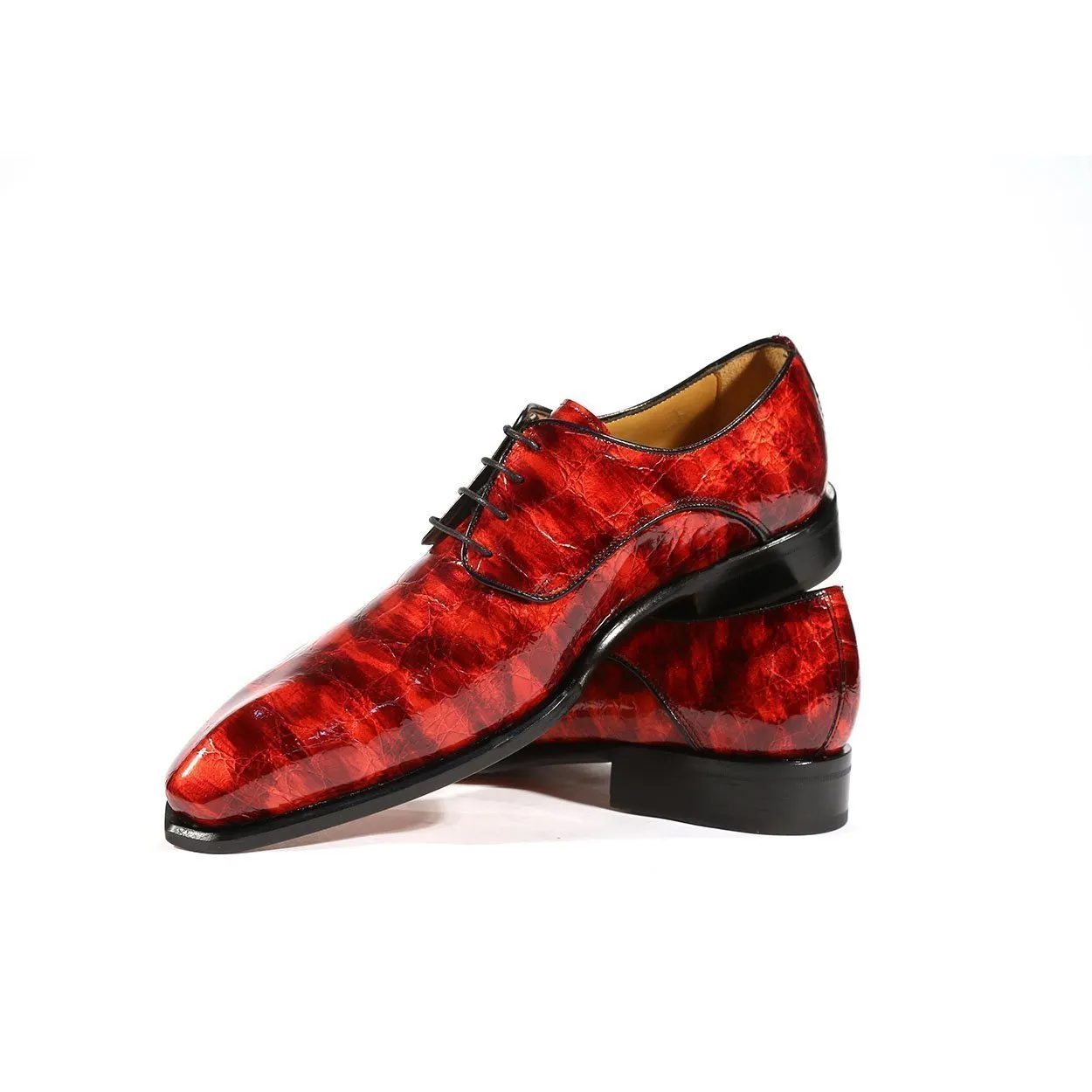 Ambrogio Men's Handmade Custom Made Shoes Red Crocodile Print / Calf-Skin Leather Derby Oxfords (AMBS1004)