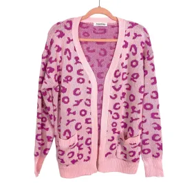 Angashion Pink Animal Print Sweater Cardigan- Size S