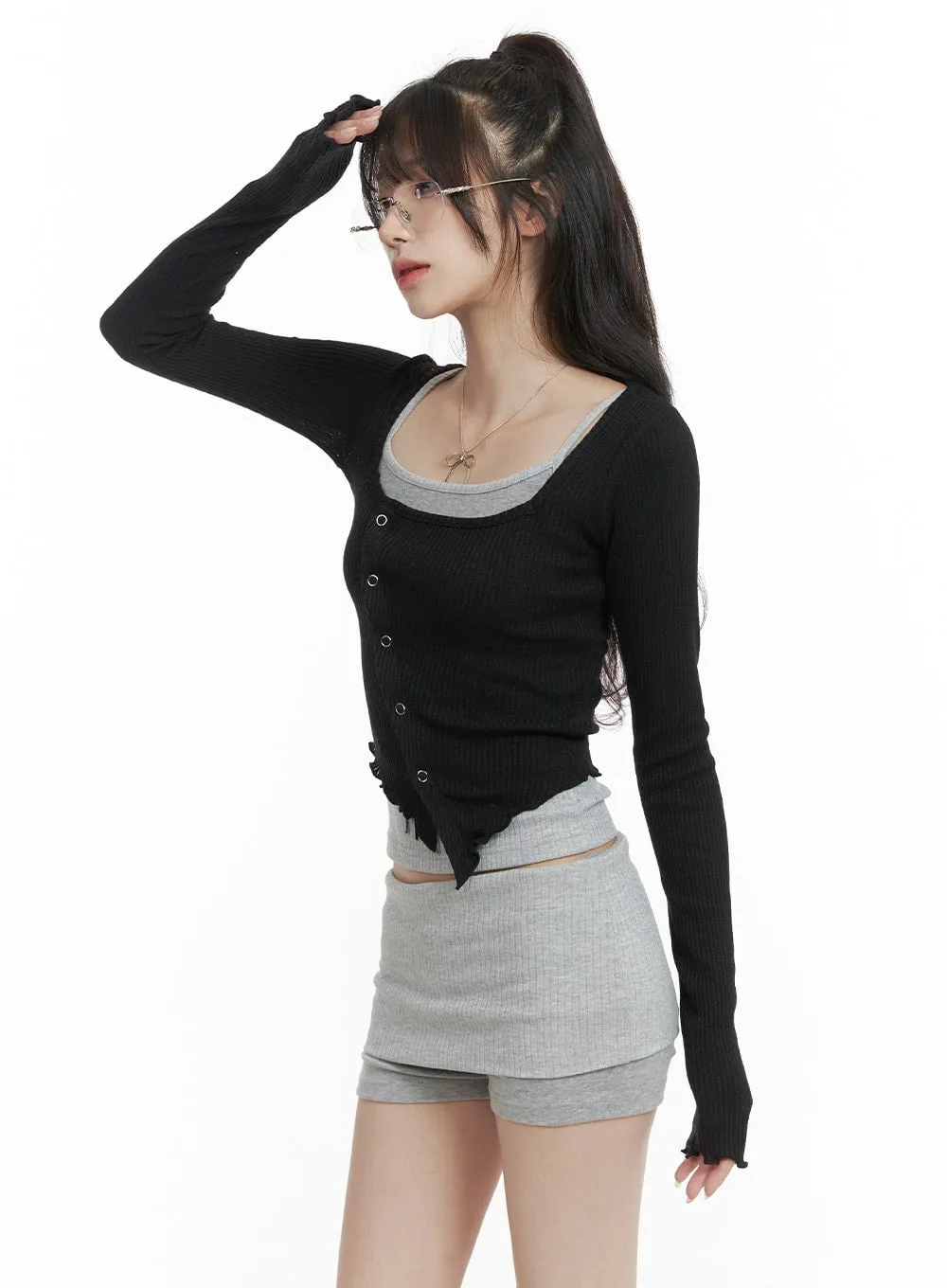 Asymmetrical Neck Solid Button Long Sleeve Top CA402