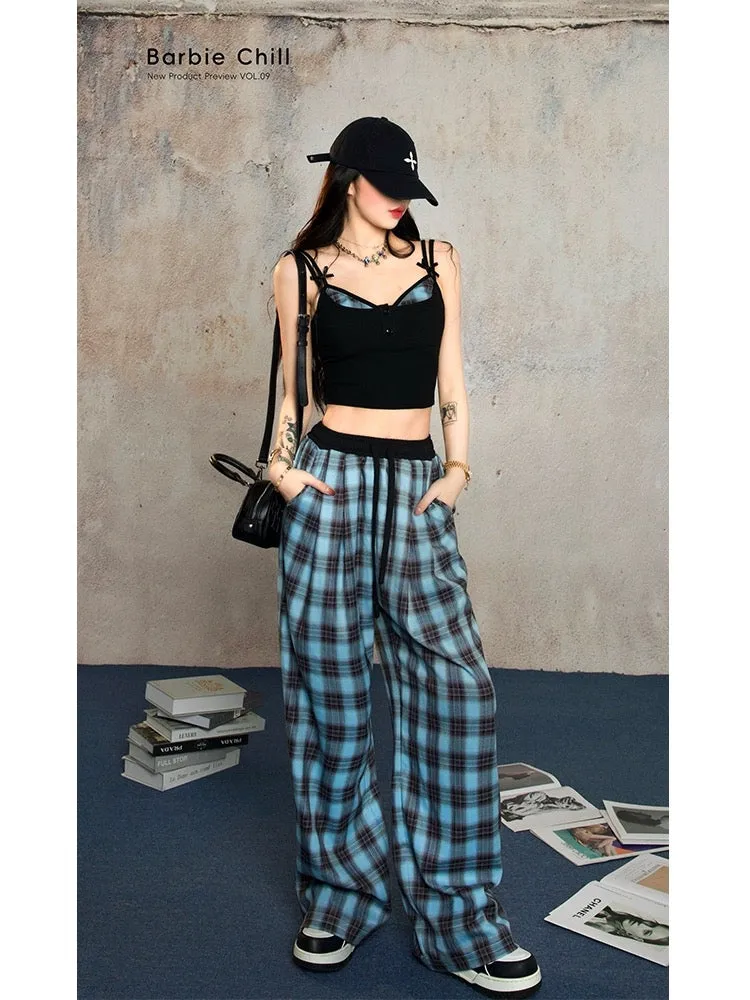 Aunt Barbie's lazy and relaxed suit for women, summer hottie suspenders, plaid wide-leg trousers, casual set