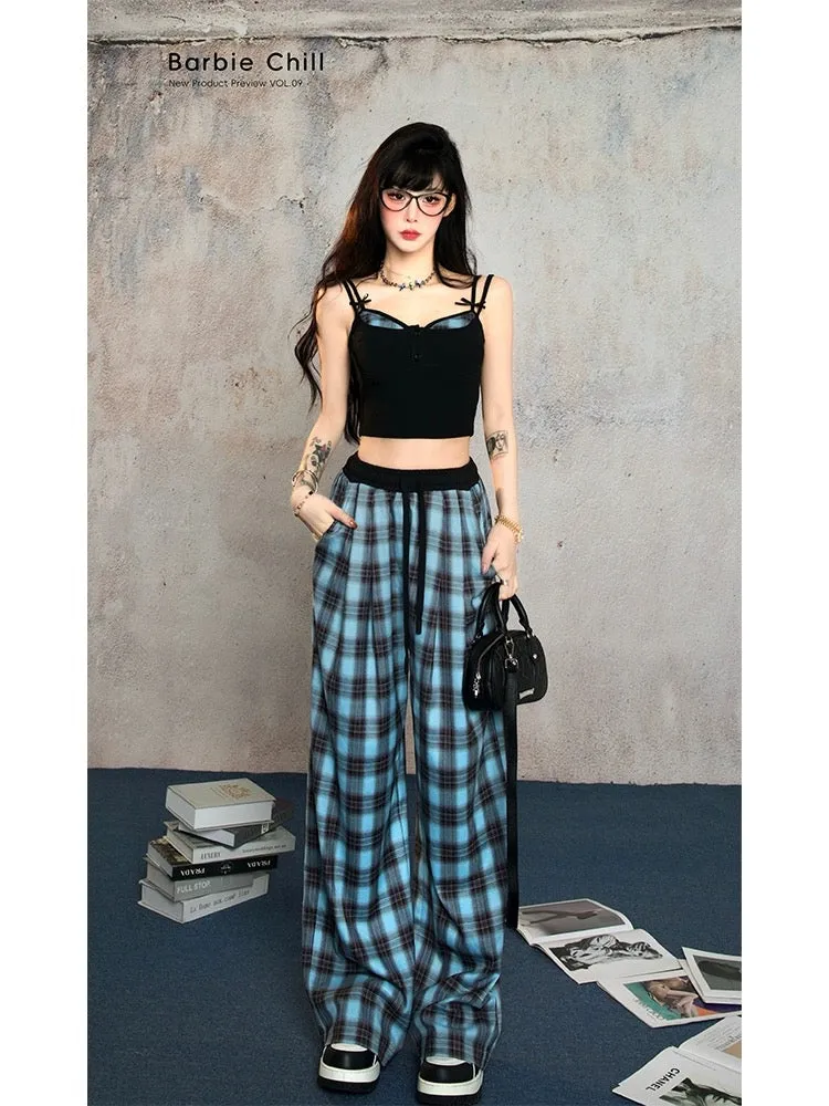 Aunt Barbie's lazy and relaxed suit for women, summer hottie suspenders, plaid wide-leg trousers, casual set