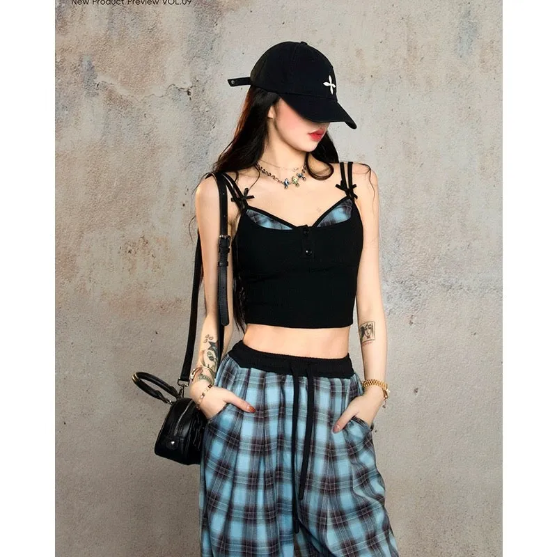 Aunt Barbie's lazy and relaxed suit for women, summer hottie suspenders, plaid wide-leg trousers, casual set