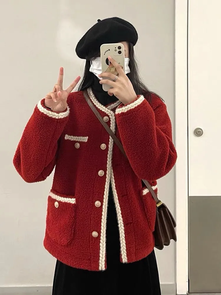 Autumn clothing 2023 new red lamb wool coat women's autumn and winter dress thick sweater two-piece suit