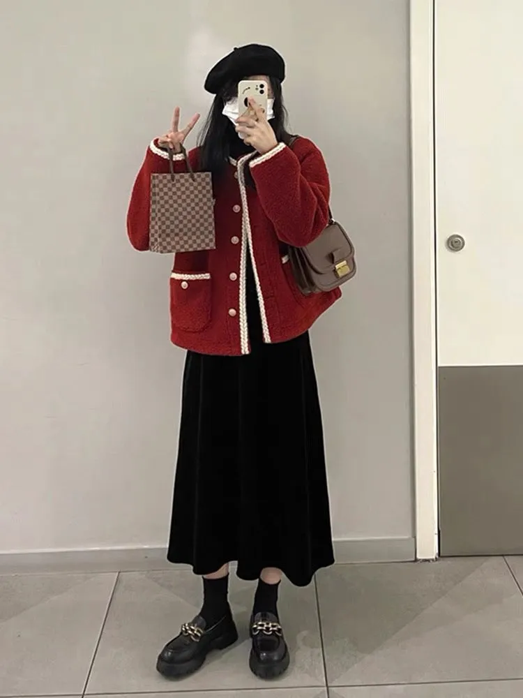 Autumn clothing 2023 new red lamb wool coat women's autumn and winter dress thick sweater two-piece suit