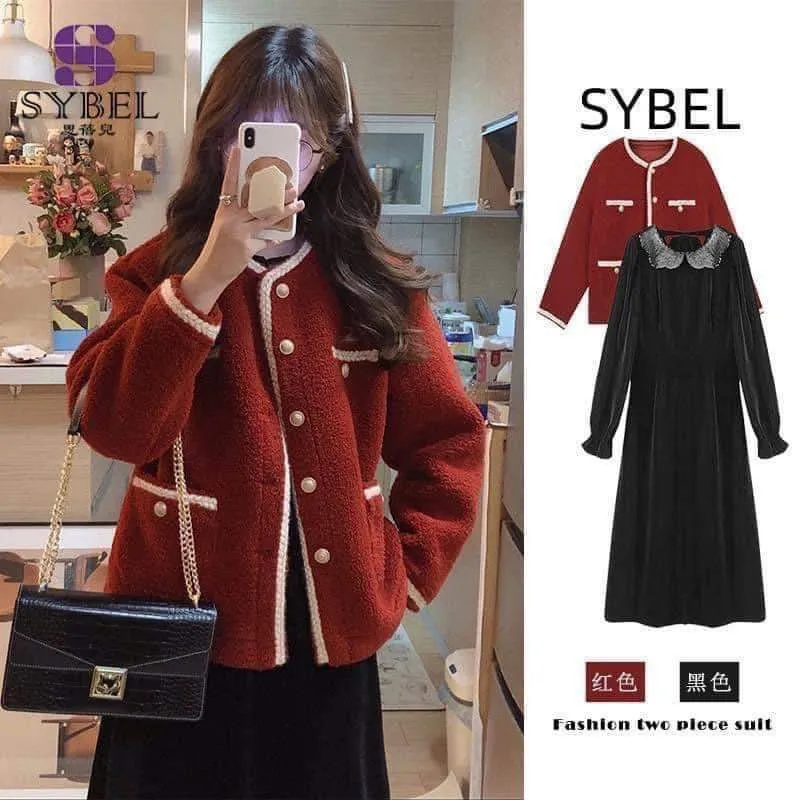 Autumn clothing 2023 new red lamb wool coat women's autumn and winter dress thick sweater two-piece suit