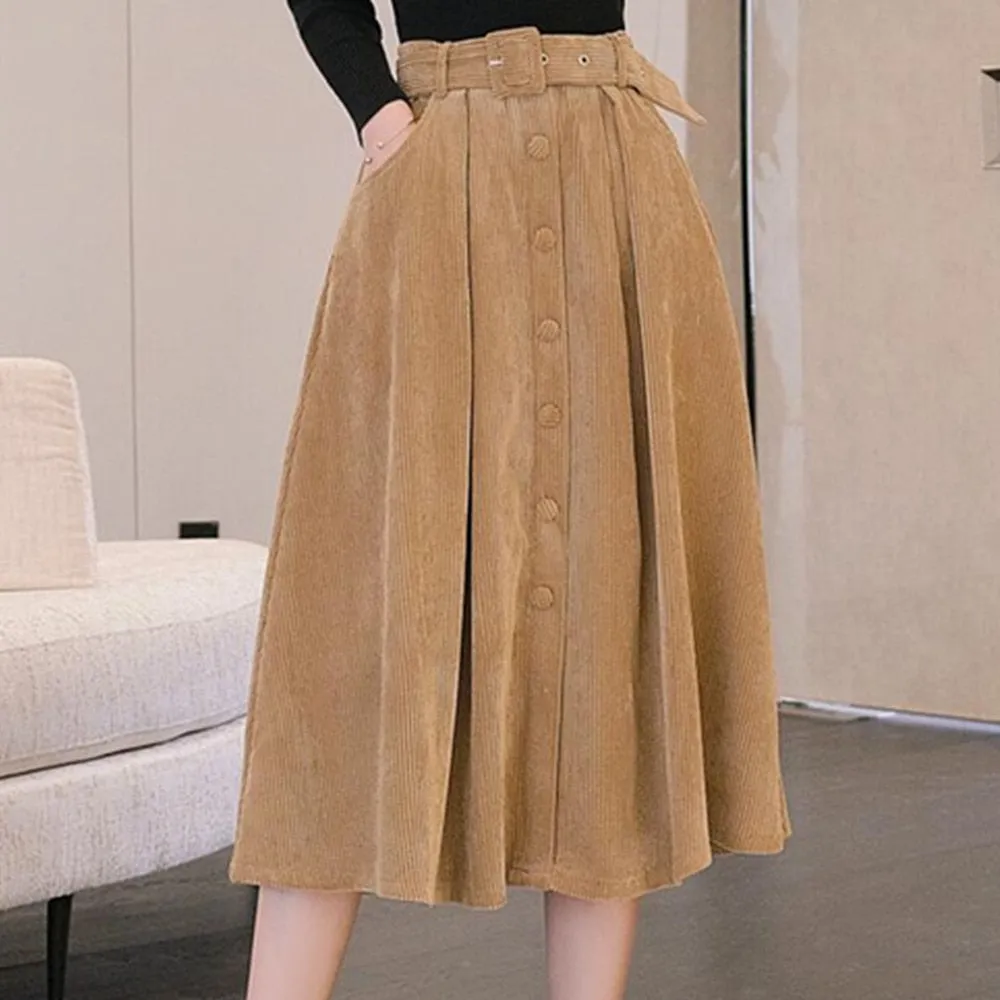 Autumn Winter Corduroy Pleated Women High Waist Large Swing A-Line Elegant Button Long Skirt