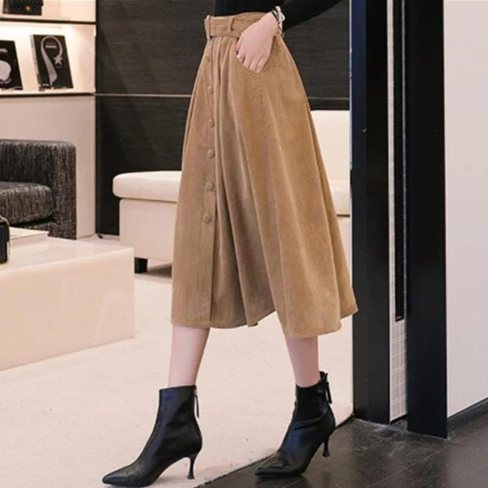 Autumn Winter Corduroy Pleated Women High Waist Large Swing A-Line Elegant Button Long Skirt