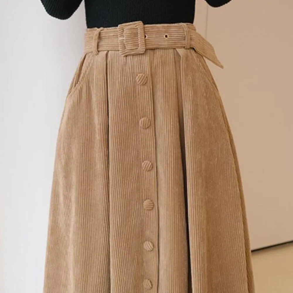 Autumn Winter Corduroy Pleated Women High Waist Large Swing A-Line Elegant Button Long Skirt