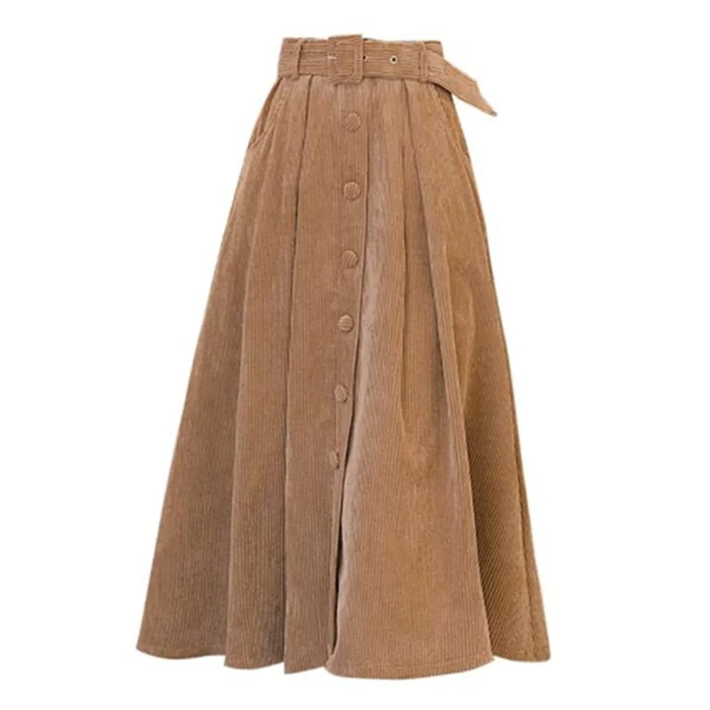 Autumn Winter Corduroy Pleated Women High Waist Large Swing A-Line Elegant Button Long Skirt