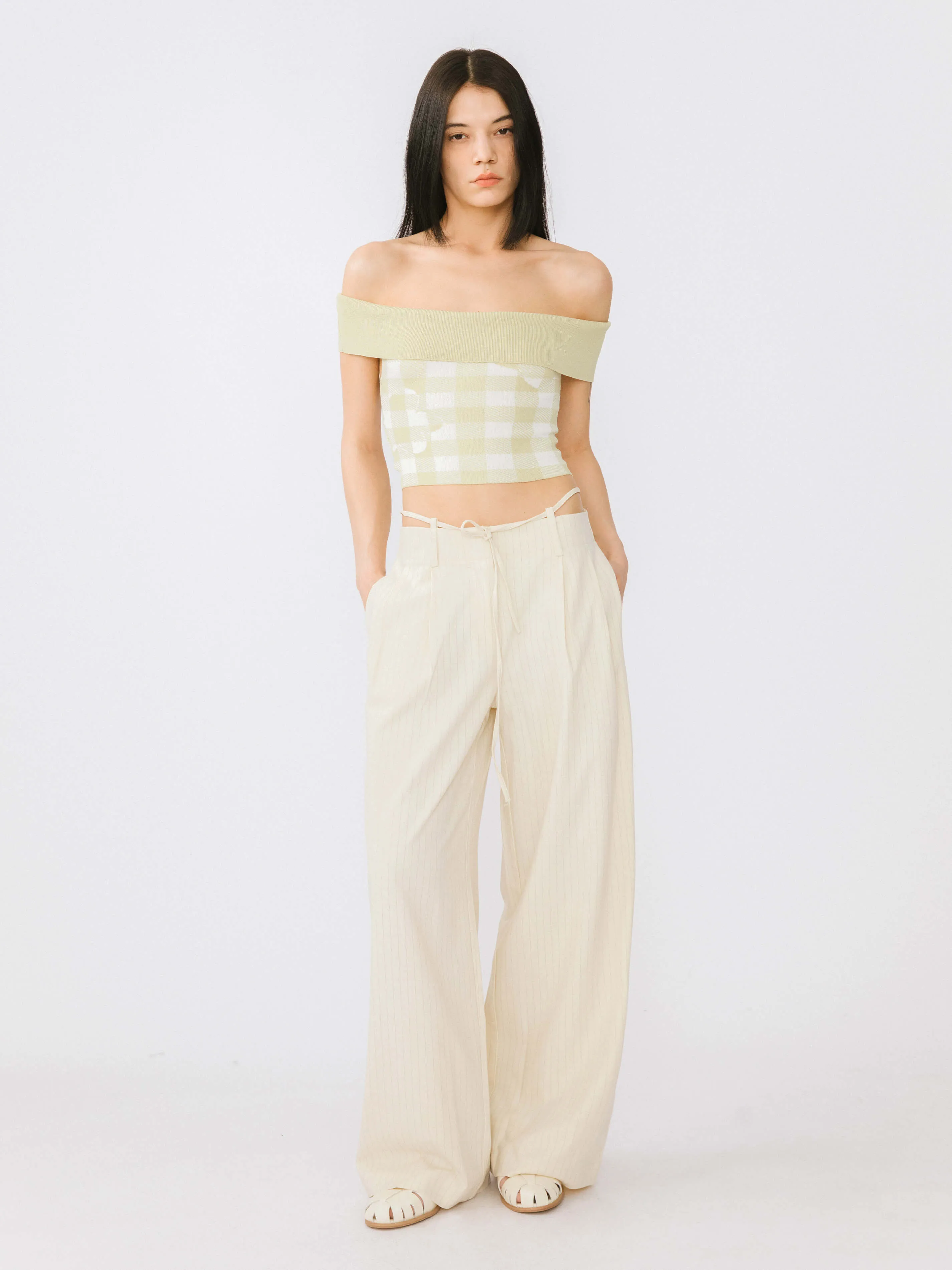 Beige Vertical Striped Wide Leg Casual Trousers