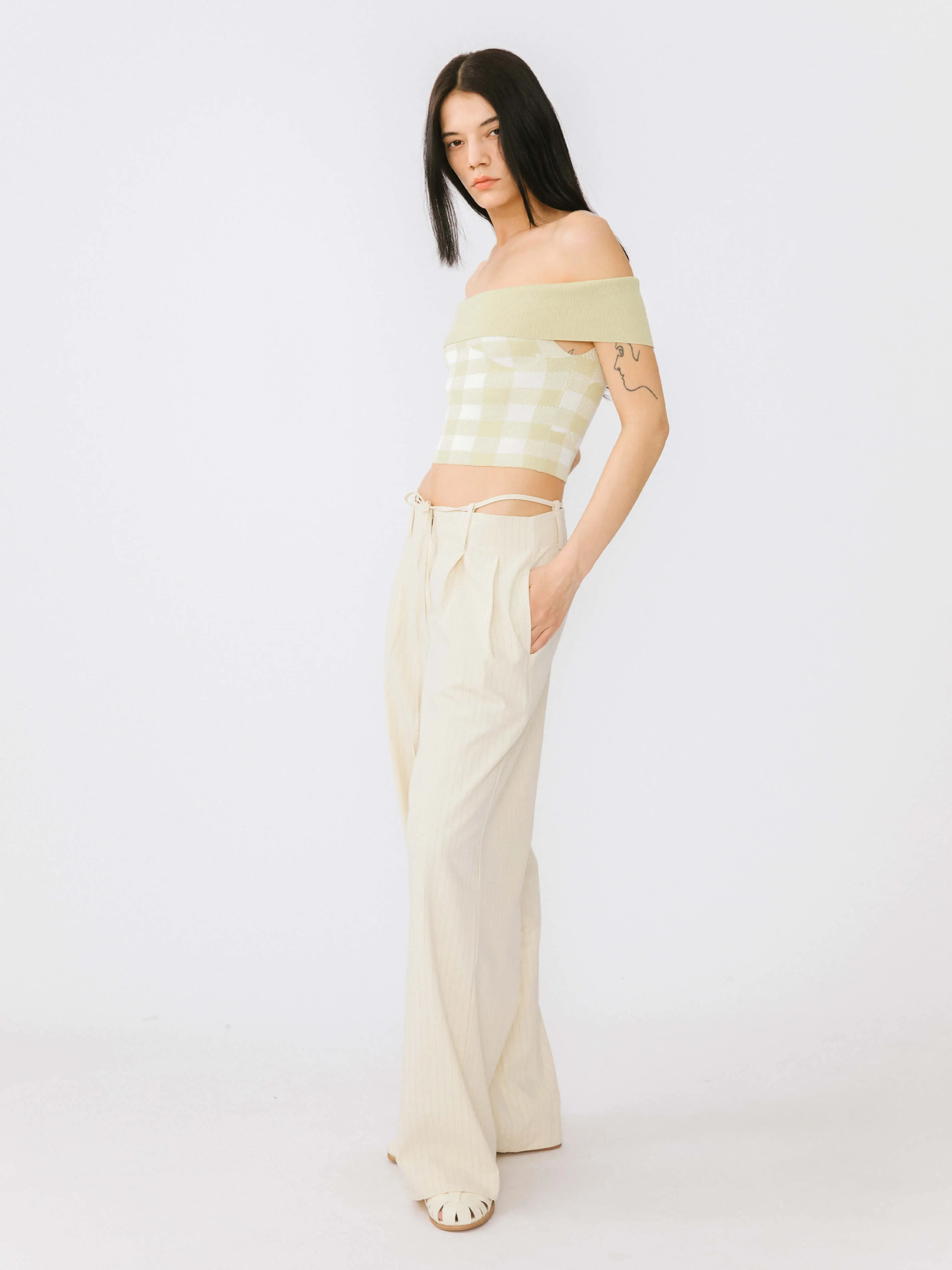 Beige Vertical Striped Wide Leg Casual Trousers