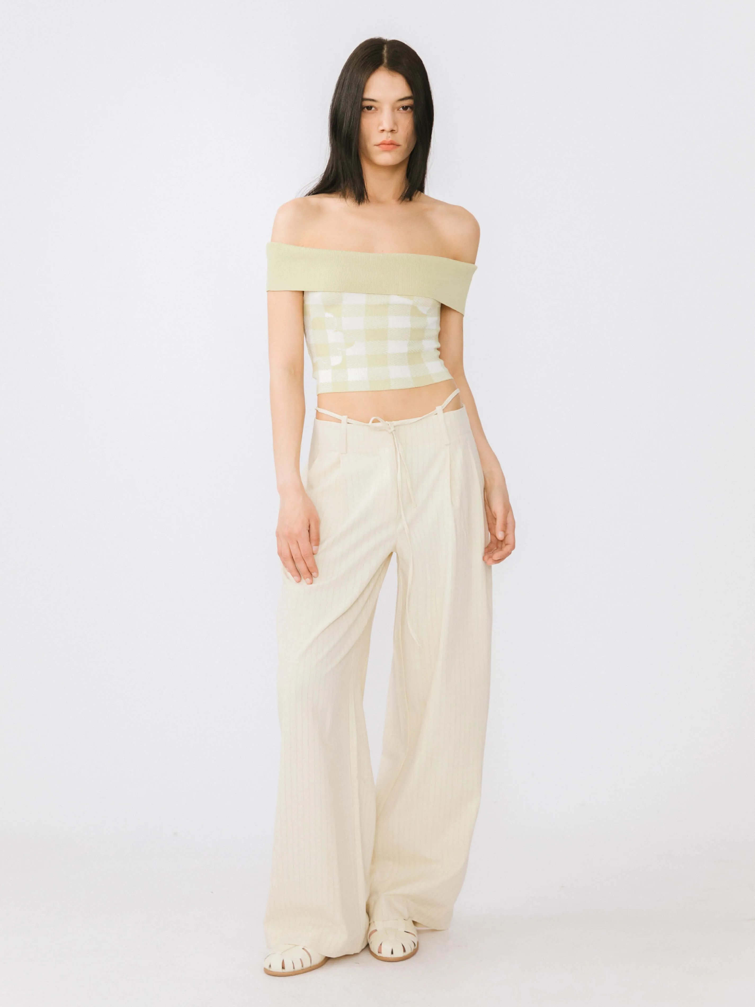 Beige Vertical Striped Wide Leg Casual Trousers