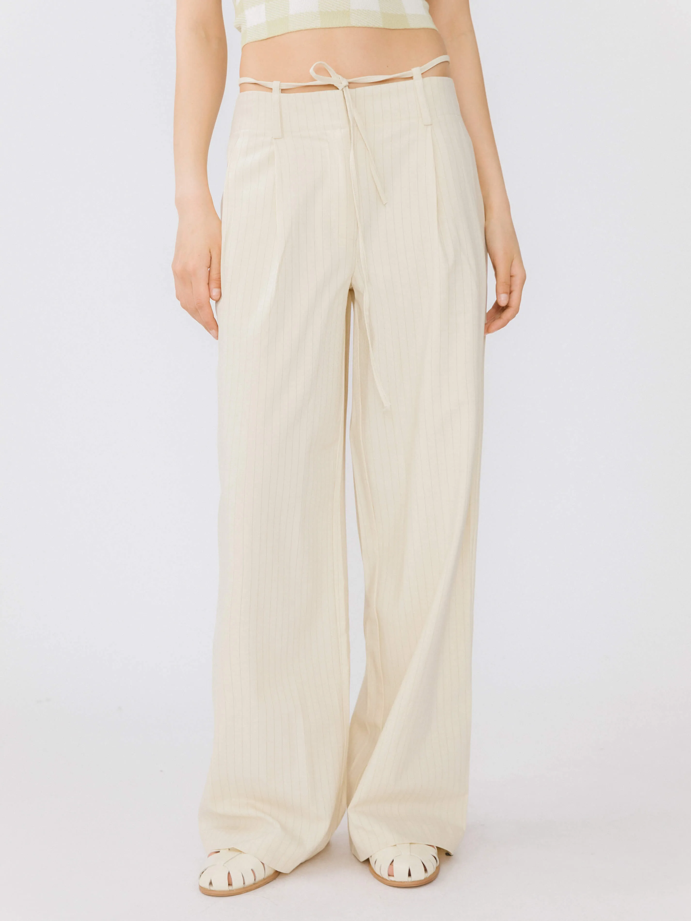 Beige Vertical Striped Wide Leg Casual Trousers