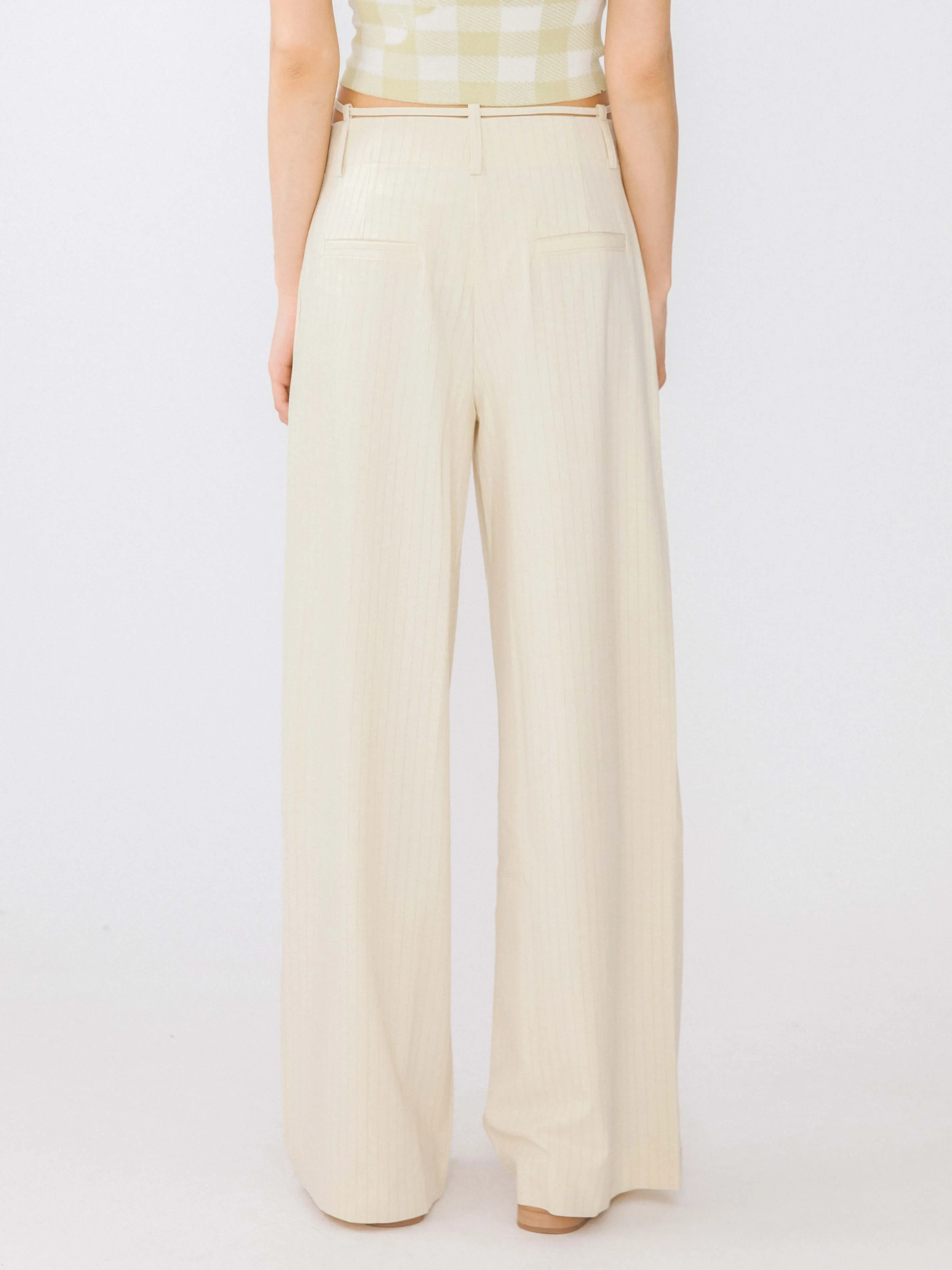 Beige Vertical Striped Wide Leg Casual Trousers