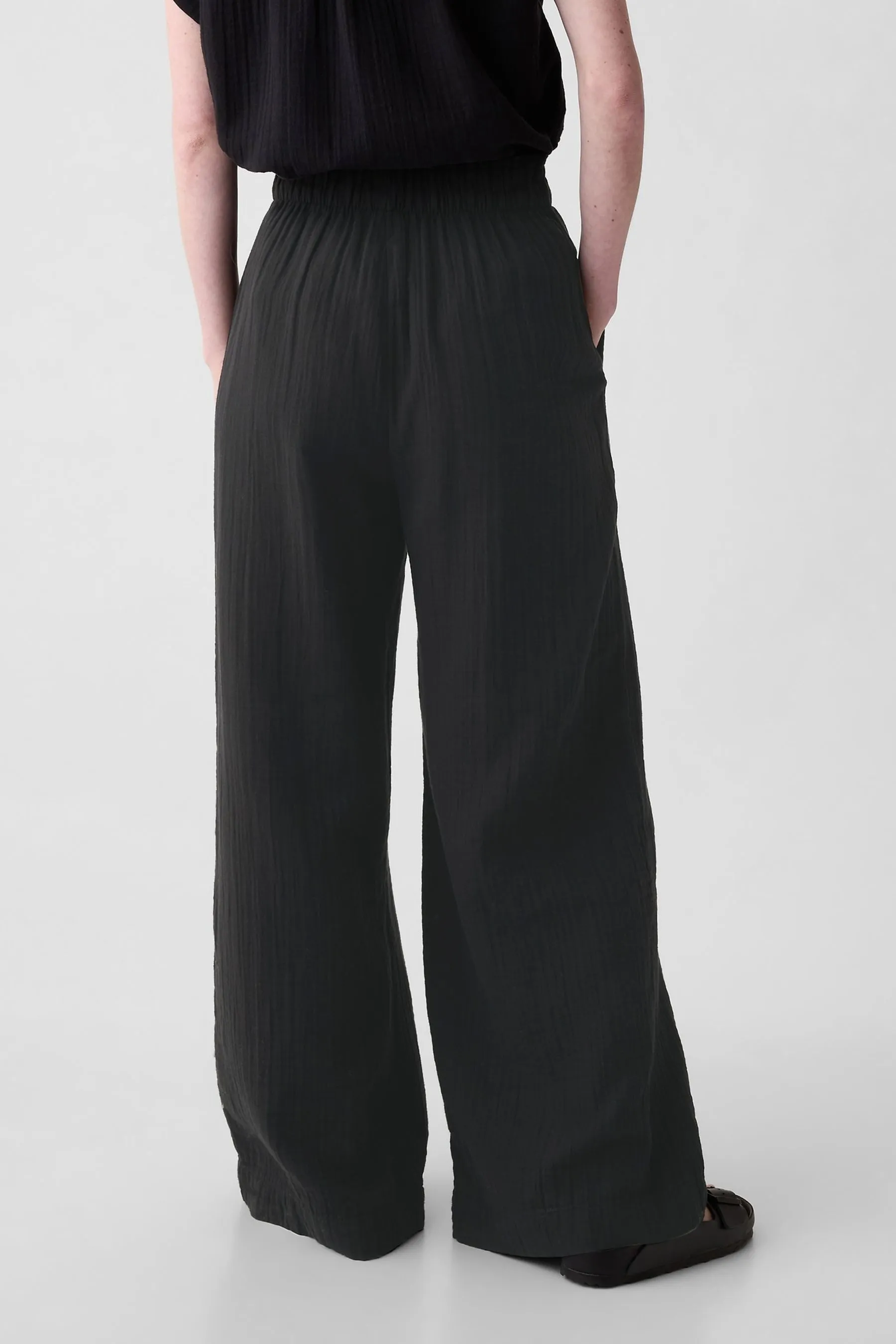 Black Crinkle Cotton Wide Leg Pull On Trouser