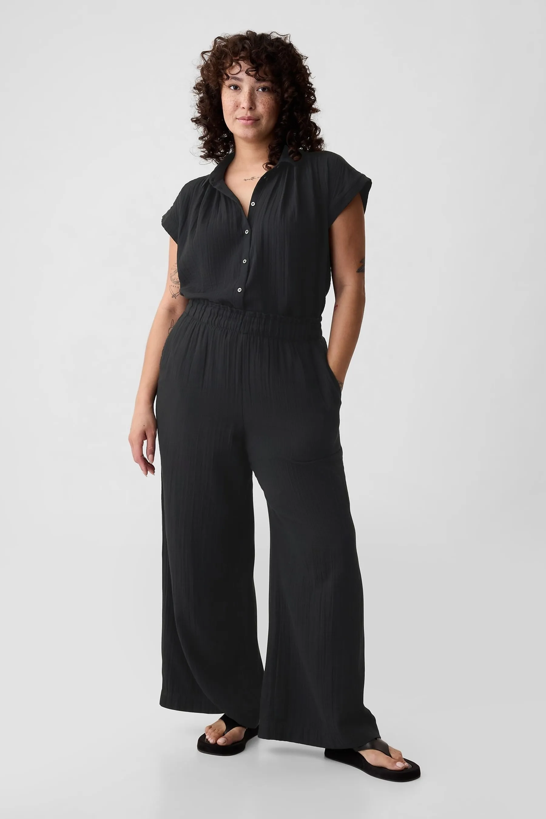 Black Crinkle Cotton Wide Leg Pull On Trouser