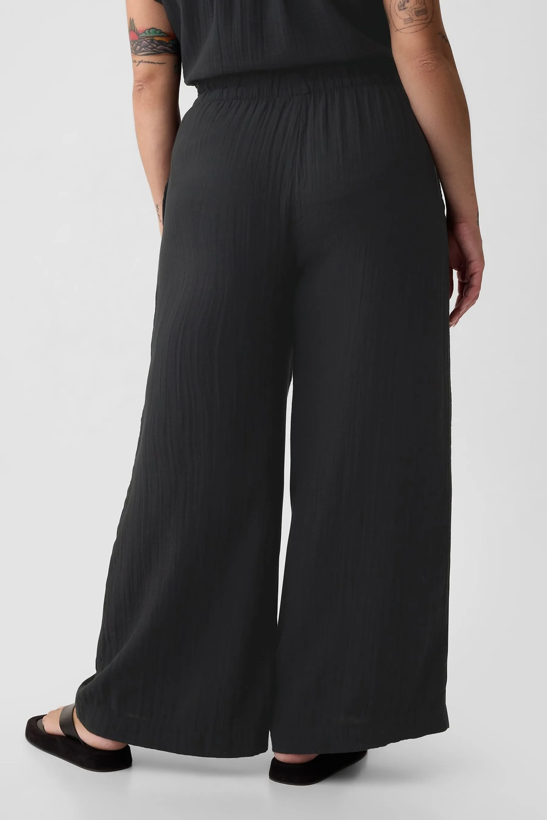 Black Crinkle Cotton Wide Leg Pull On Trouser