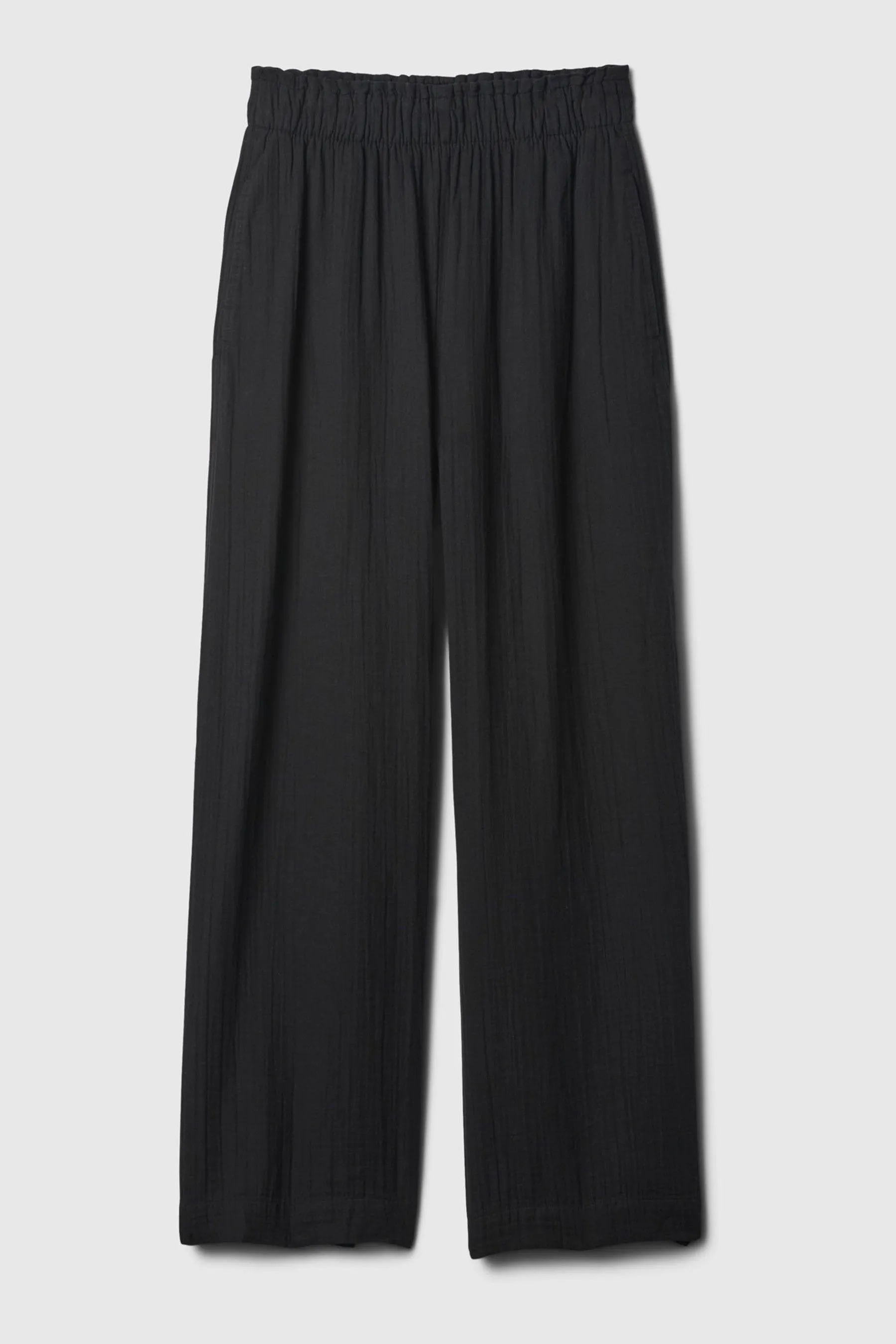 Black Crinkle Cotton Wide Leg Pull On Trouser