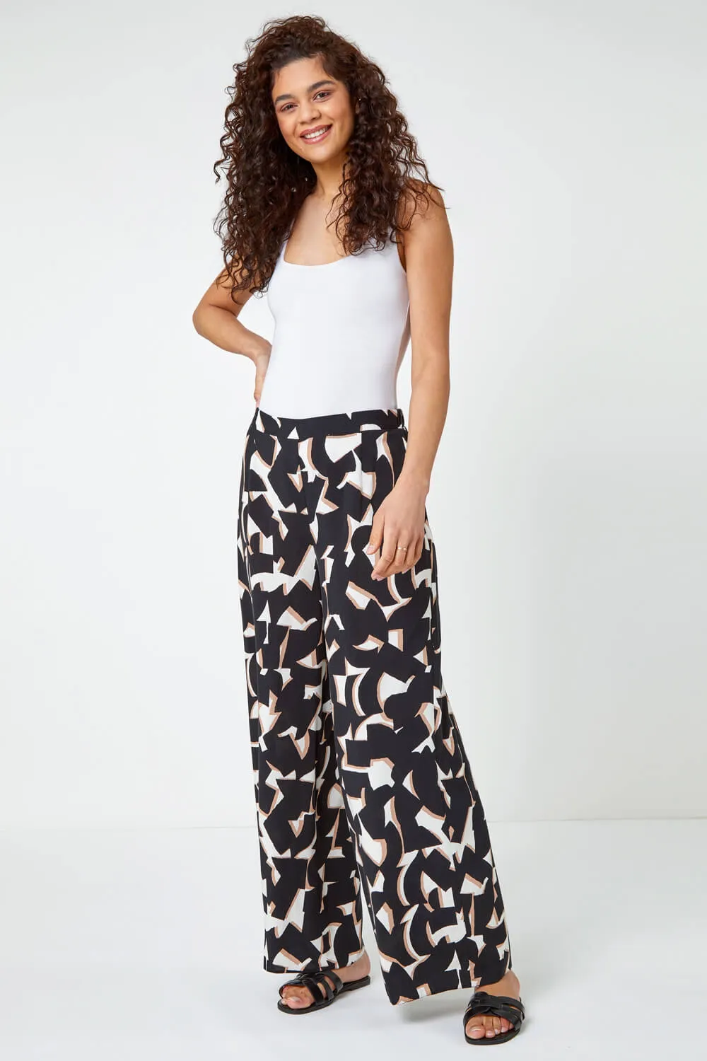 Black Geometric Print Wide Leg Trouser | Roman UK