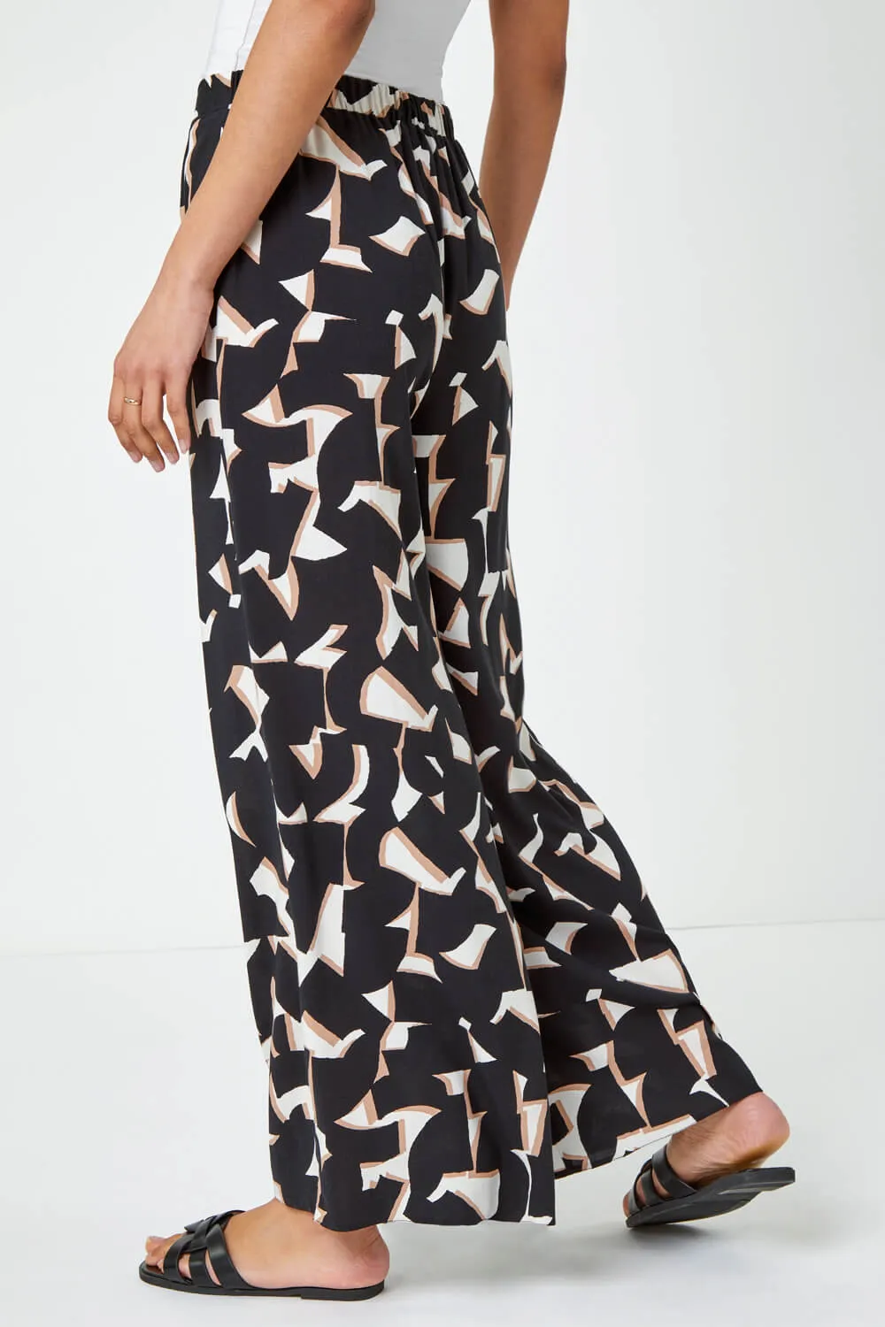 Black Geometric Print Wide Leg Trouser | Roman UK