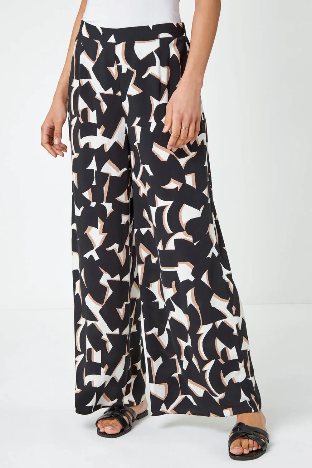 Black Geometric Print Wide Leg Trouser | Roman UK