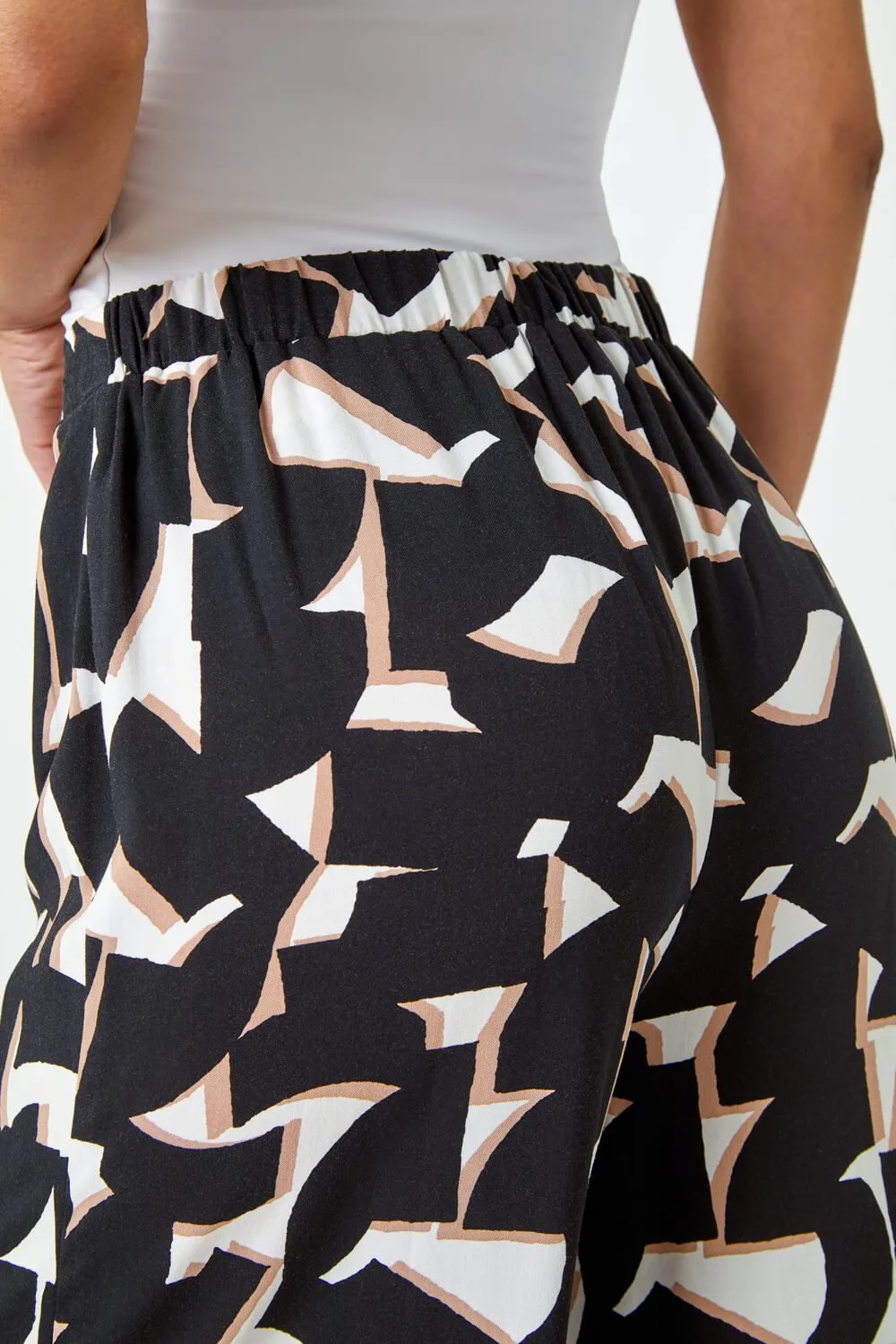 Black Geometric Print Wide Leg Trouser | Roman UK