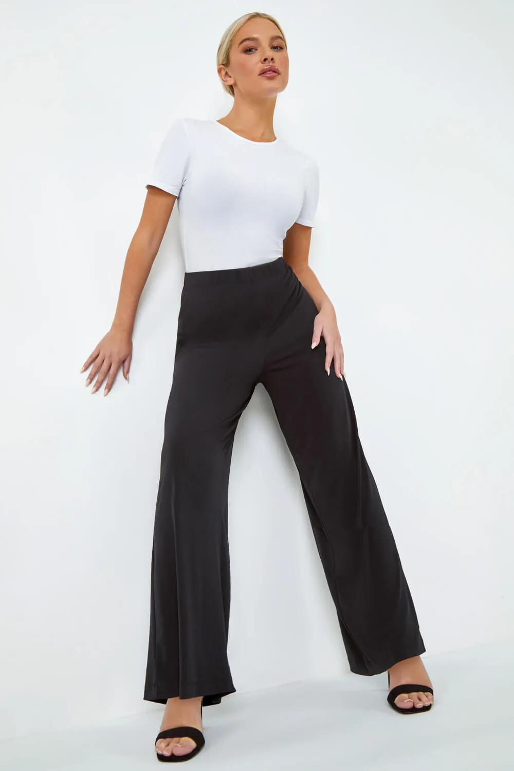 Black Petite Wide Leg Stretch Trouser | Roman UK