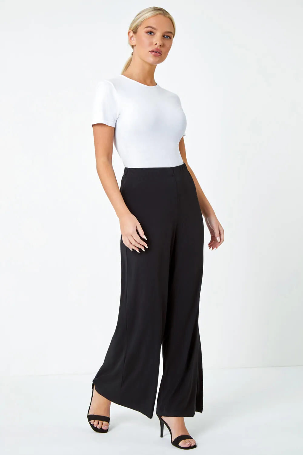 Black Petite Wide Leg Stretch Trouser | Roman UK