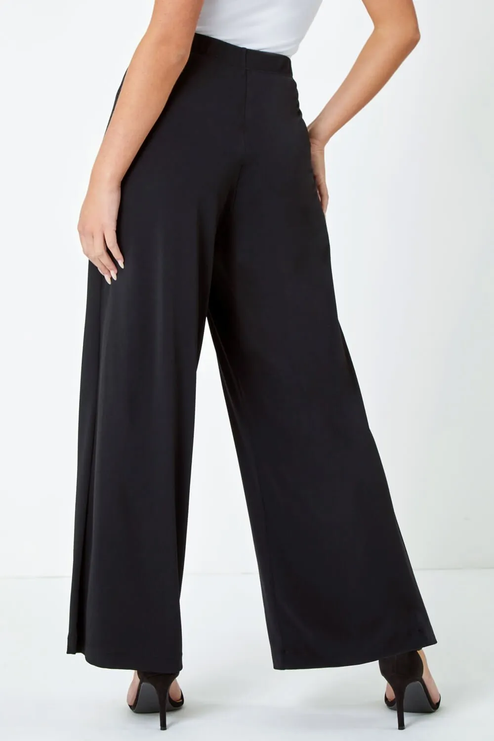 Black Petite Wide Leg Stretch Trouser | Roman UK