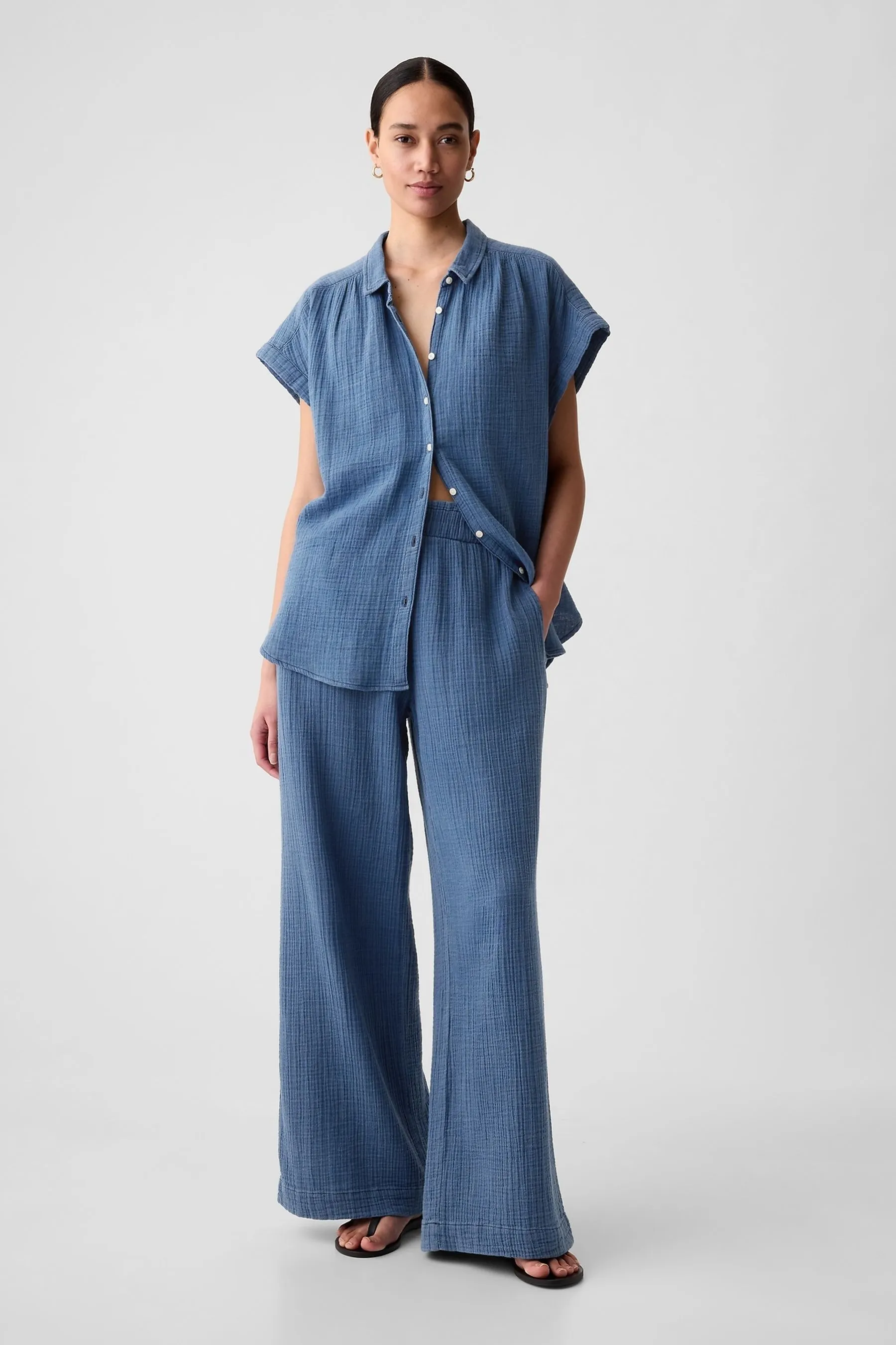 Blue Crinkle Cotton Wide Leg Pull On Trouser