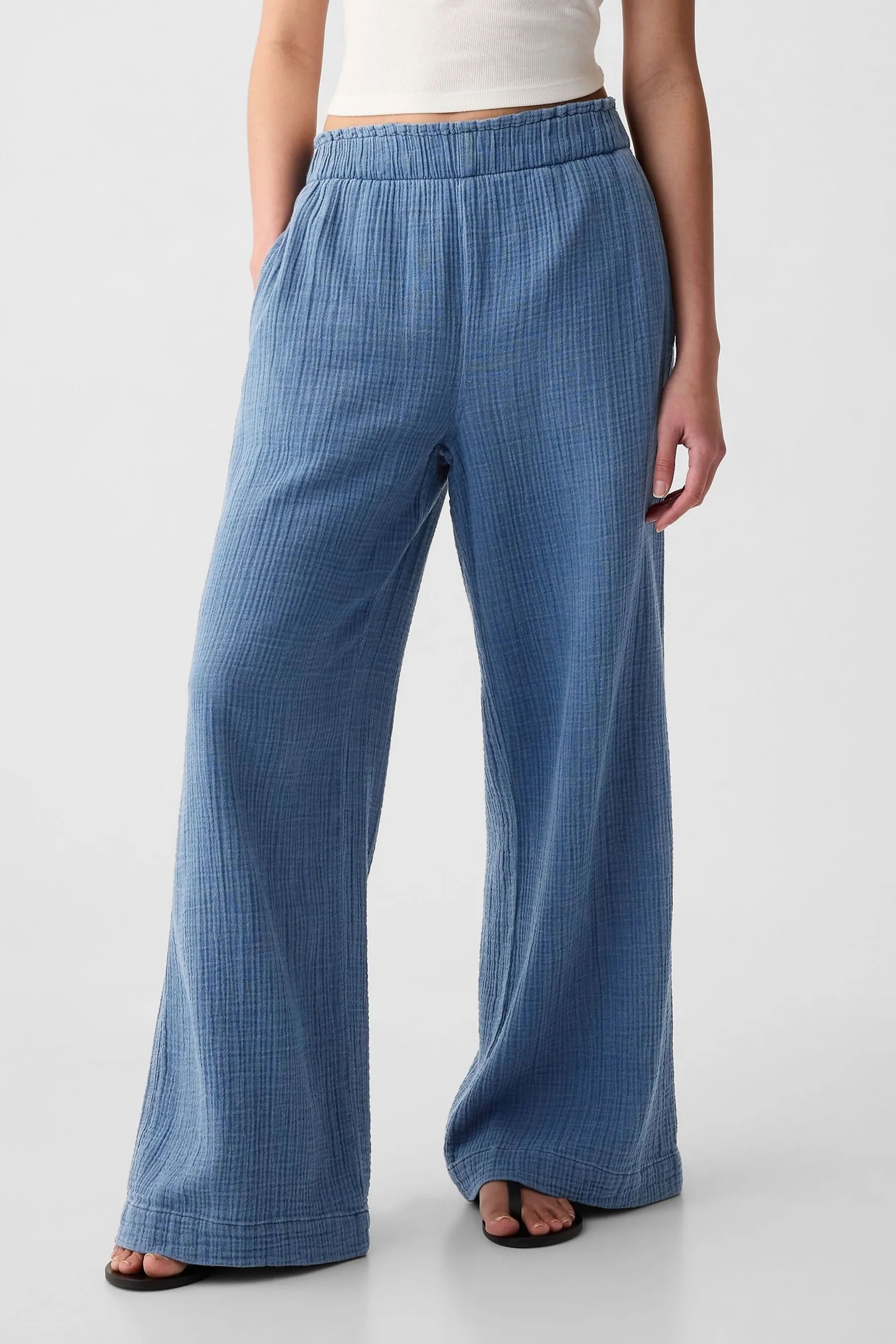 Blue Crinkle Cotton Wide Leg Pull On Trouser