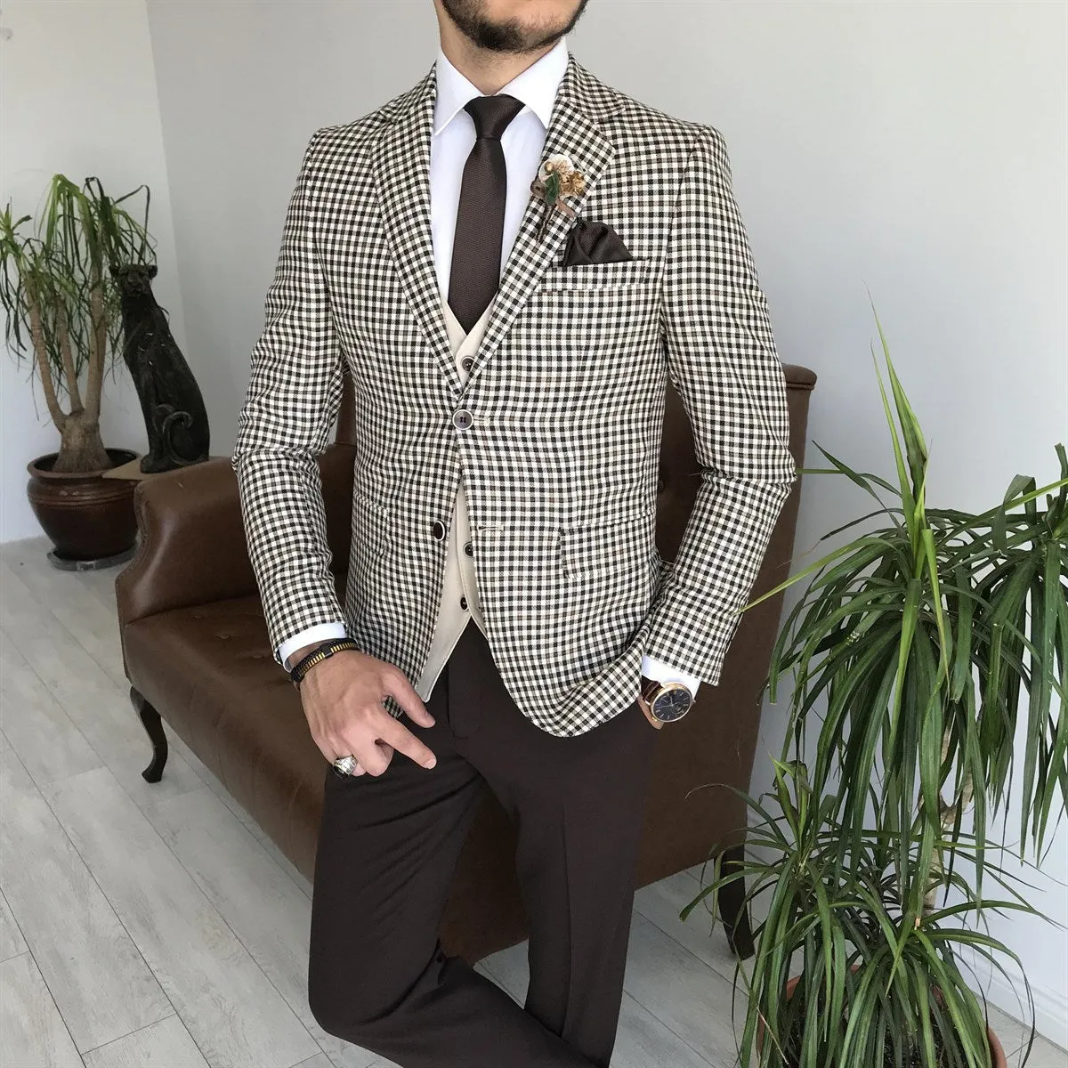 Bojoni Cagliari Beige Plaid Slim-Fit Suit 3-Piece