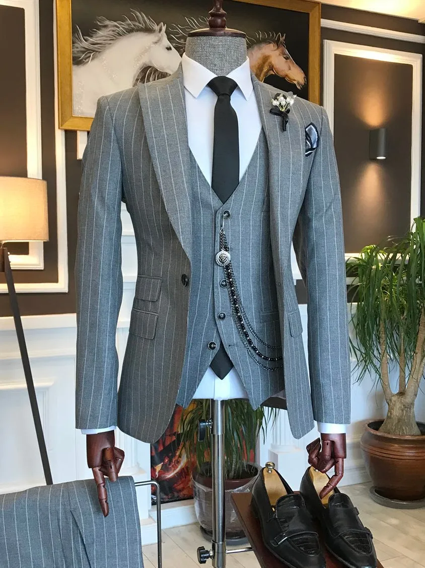 Bojoni Grey Striped Slim-Fit Suit 3-Piece