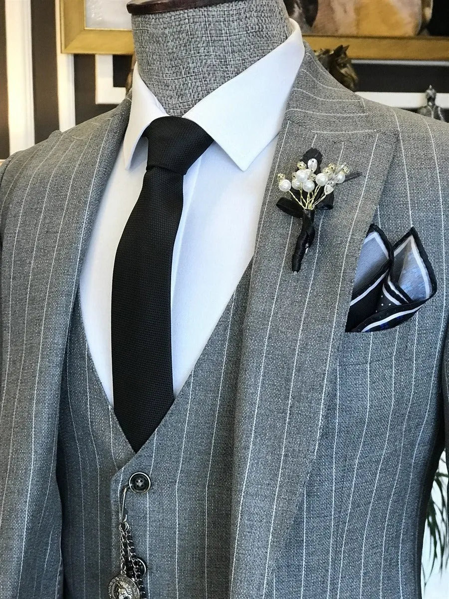 Bojoni Grey Striped Slim-Fit Suit 3-Piece