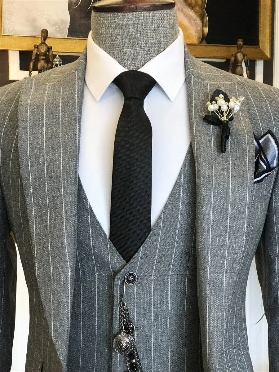 Bojoni Grey Striped Slim-Fit Suit 3-Piece