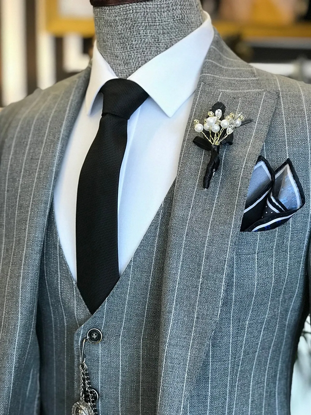 Bojoni Grey Striped Slim-Fit Suit 3-Piece