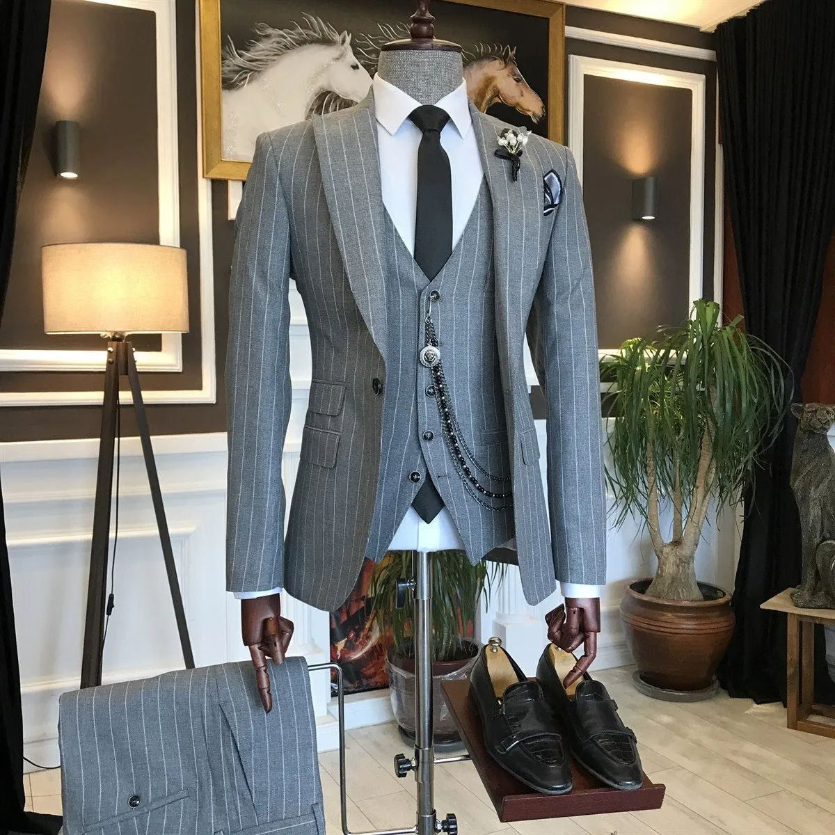 Bojoni Grey Striped Slim-Fit Suit 3-Piece