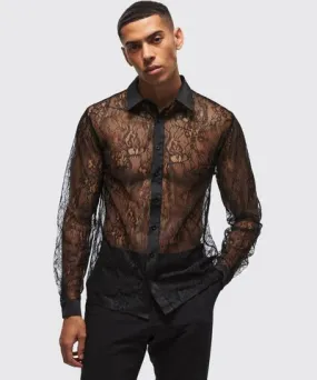 boohoo Mens Regular Fit Long Sleeve Lace Shirt