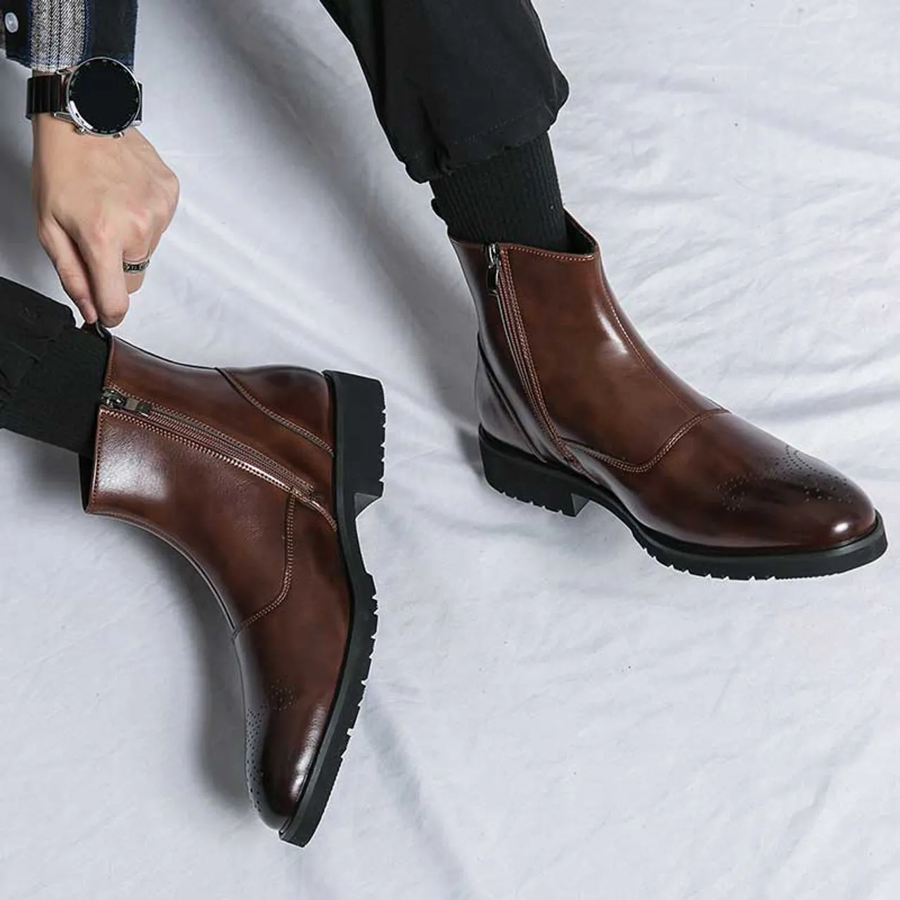 Brown brogue side zip slip on shoe boot