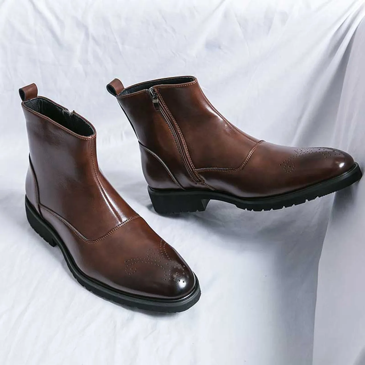 Brown brogue side zip slip on shoe boot