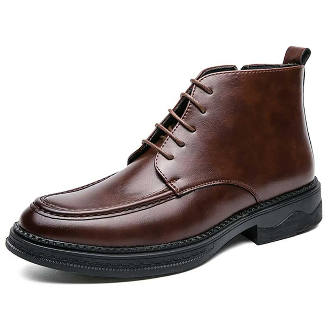 Brown plain side zip lace up shoe boot